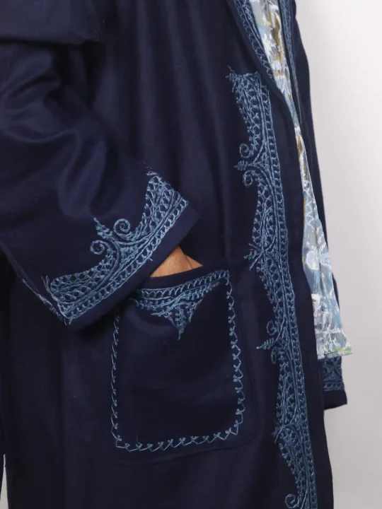 Kashmiri Mehfil Navy Blue Woolen Gown for Men with Hand Aari Embroidery - Image 2