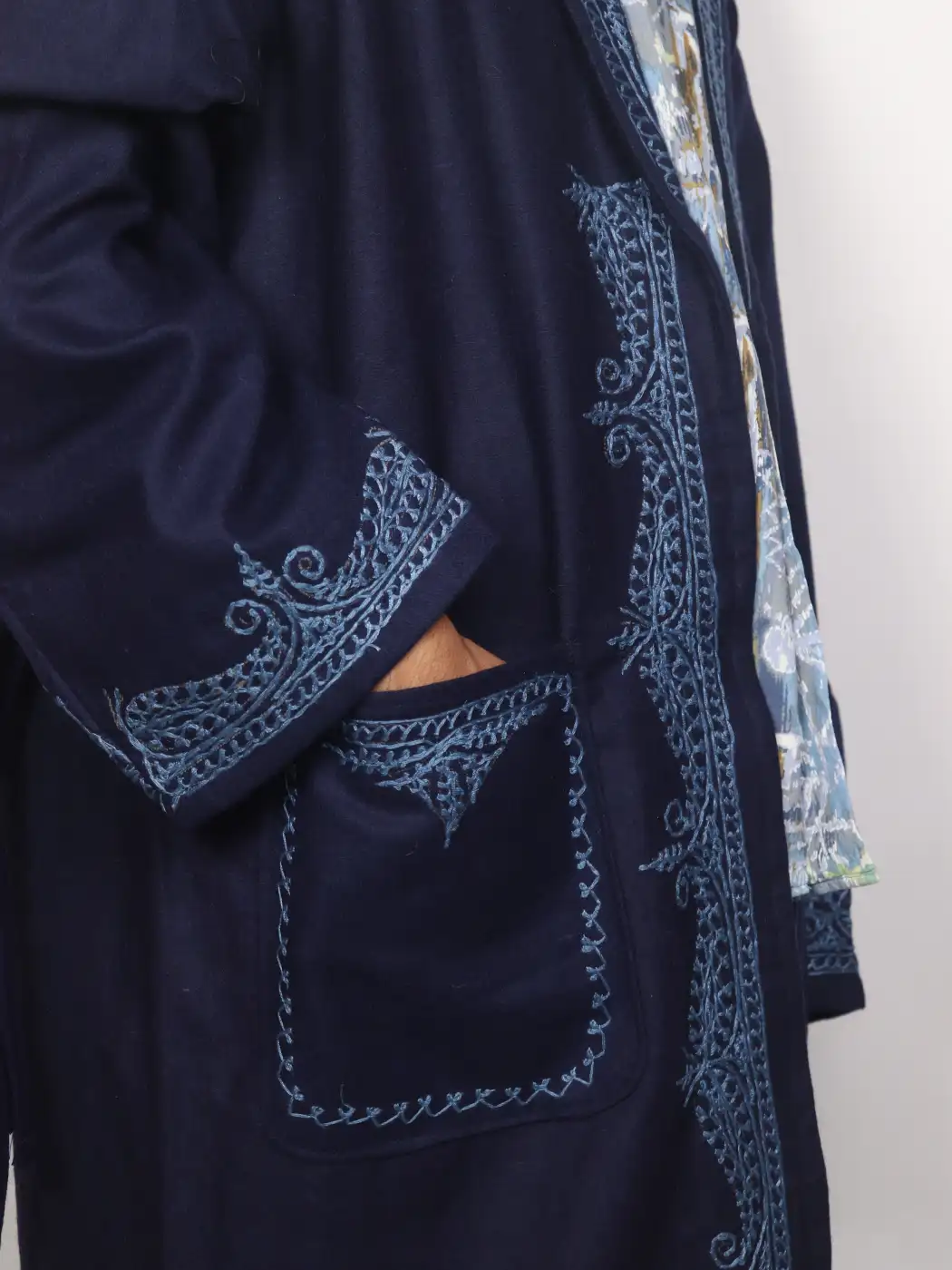 Kashmiri Mehfil Navy Blue Woolen Gown for Men with Hand Aari Embroidery - Image 2