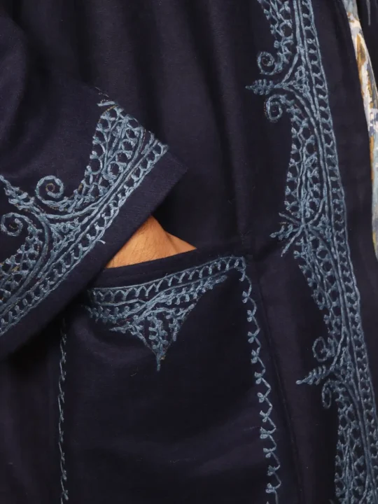 Kashmiri Mehfil Navy Blue Woolen Gown for Men with Hand Aari Embroidery - Image 3