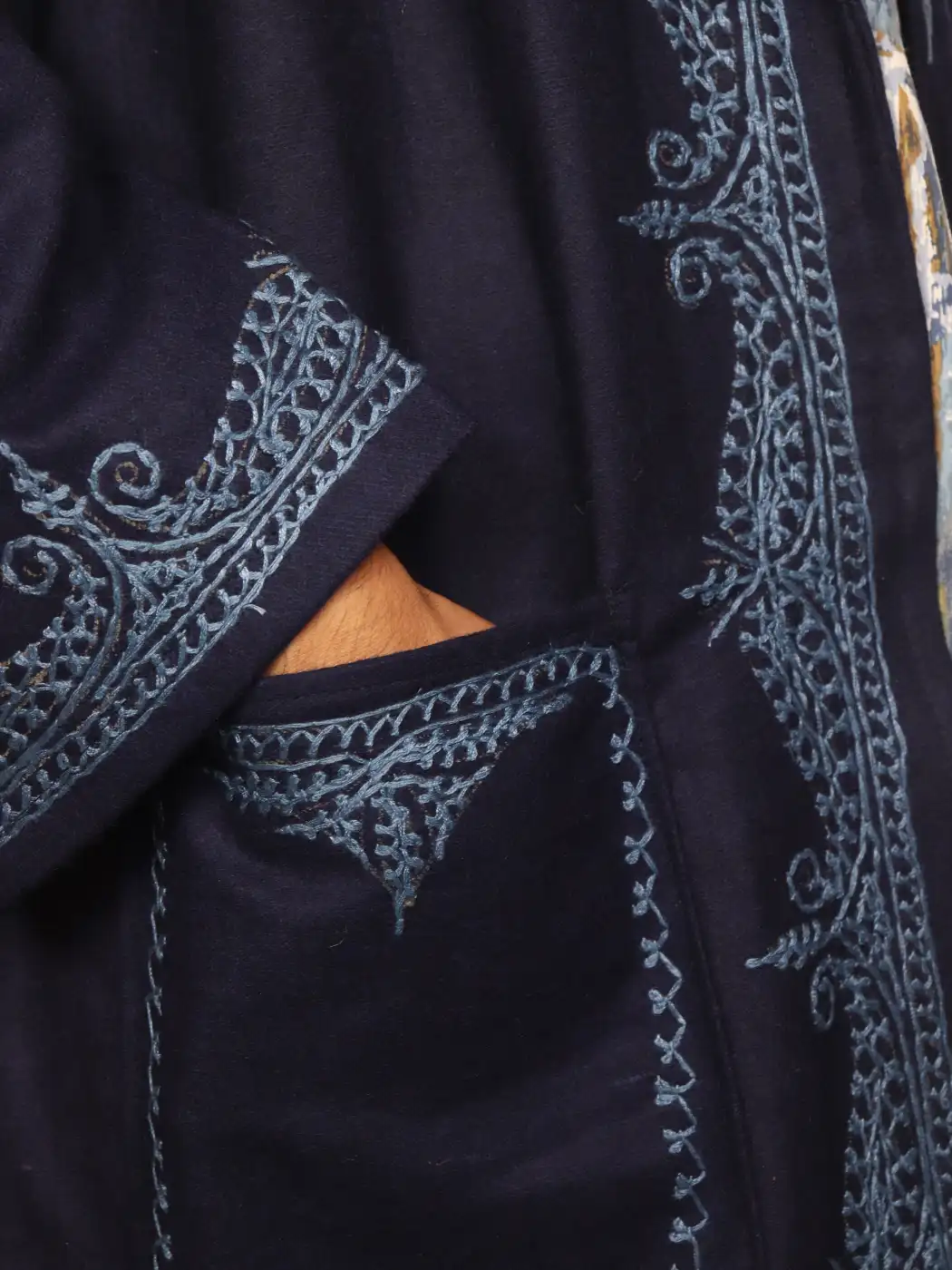 Kashmiri Mehfil Navy Blue Woolen Gown for Men with Hand Aari Embroidery - Image 3
