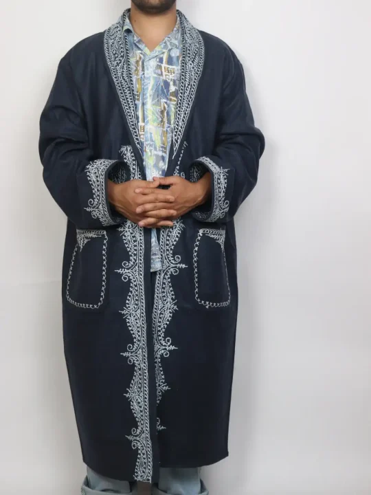 Mehnaaz Kashmiri Grey Woolen Gown for Men with Hand Aari Embroidery