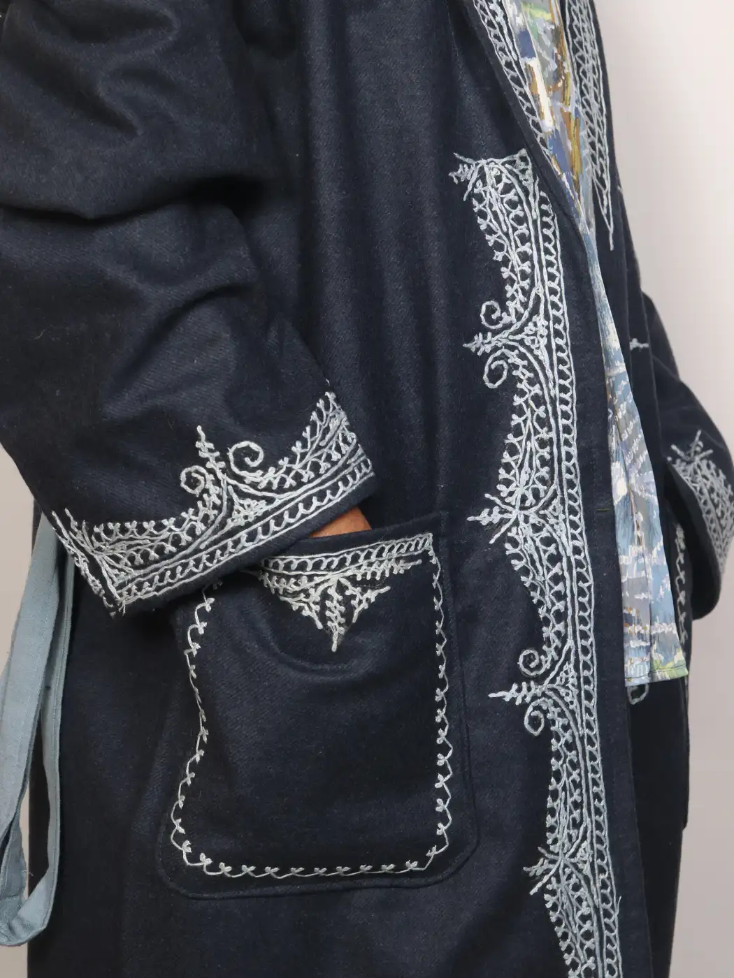 Mehnaaz Kashmiri Grey Woolen Gown for Men with Hand Aari Embroidery - Image 2