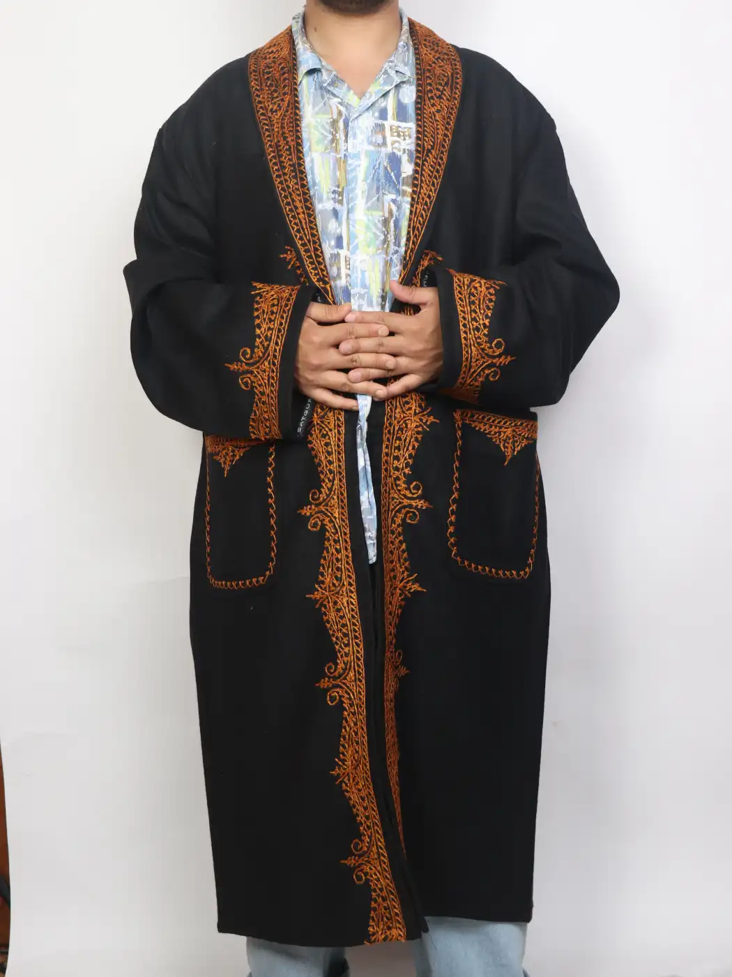 Kashmiri Dastoor Black Woolen Gown for Men with Hand Aari Kaam