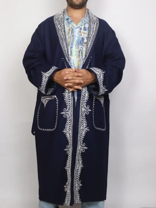 Kashmiri Navy Blue Woolen Gown for Men with Hand Aari Embroidery Virasat