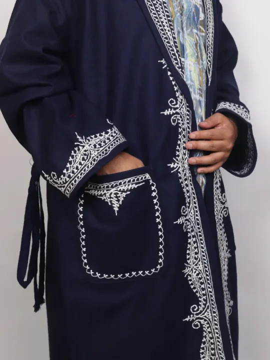 Kashmiri Navy Blue Woolen Gown for Men with Hand Aari Embroidery Virasat - Image 2