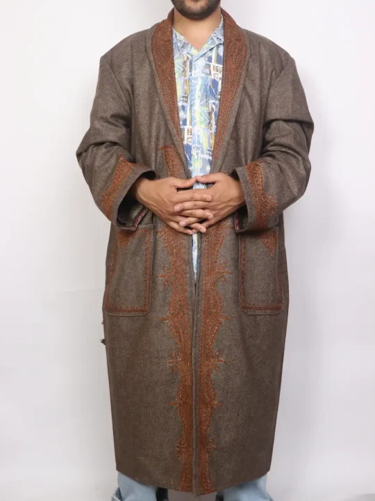 Kashmiri Brown Woolen Gown for Men Shaheen With Hand Aari Work