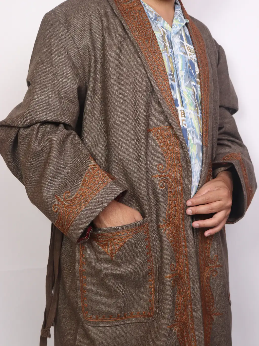 Kashmiri Brown Woolen Gown for Men Shaheen With Hand Aari Work - Image 2