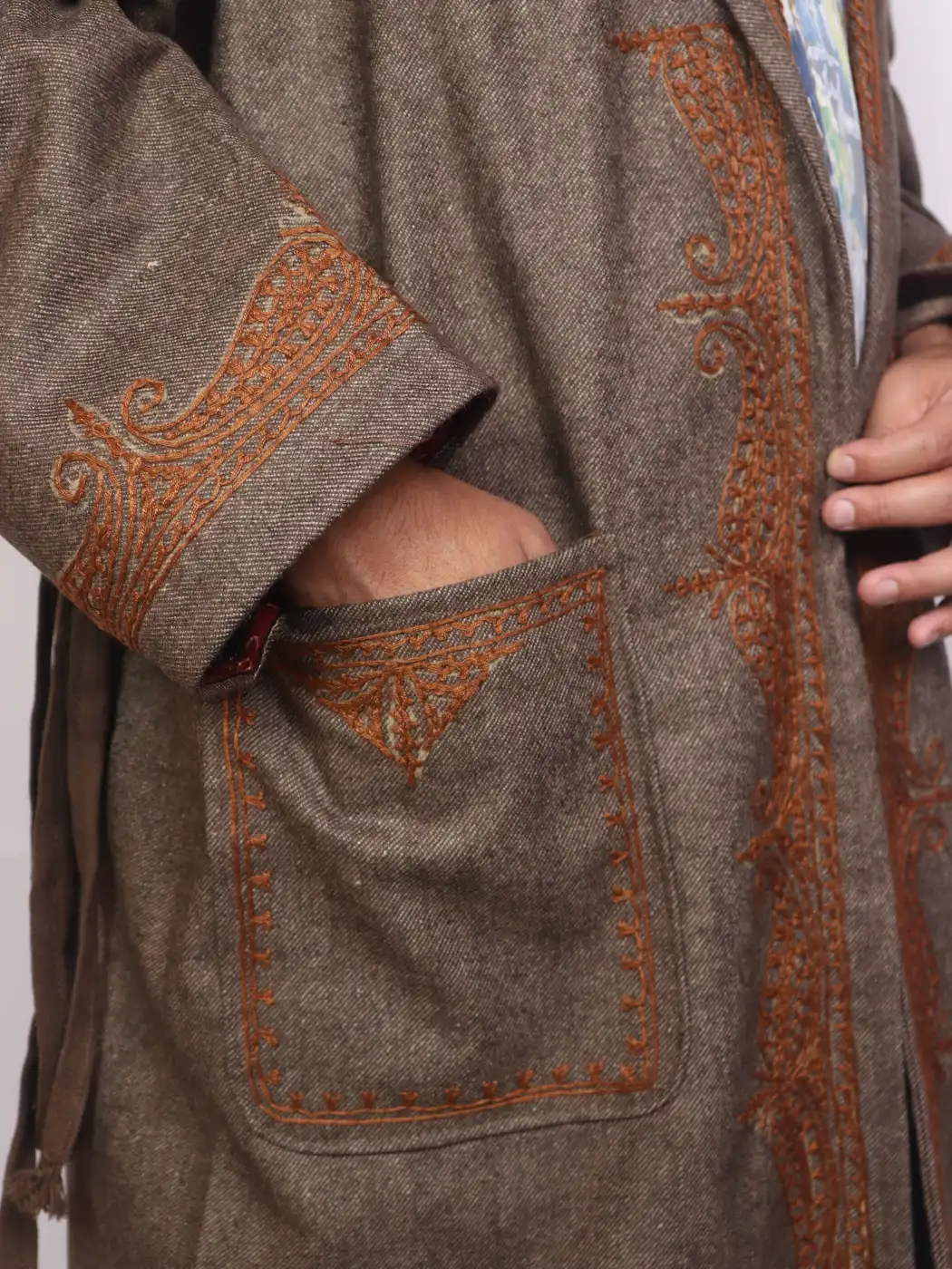 Kashmiri Brown Woolen Gown for Men Shaheen With Hand Aari Work - Image 3