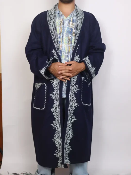 Subhaan Kashmiri Blue Woolen Gown for Men With Hand Aari Kaam