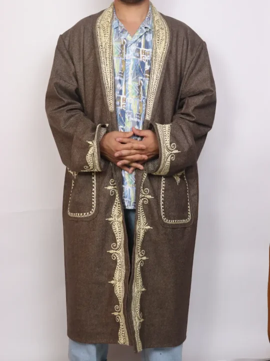 Kashmiri Riwaayat Brown Woolen Gown for Men with Cream Aari Handwork