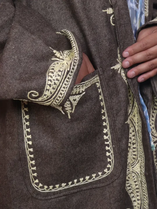 Kashmiri Riwaayat Brown Woolen Gown for Men with Cream Aari Handwork - Image 3