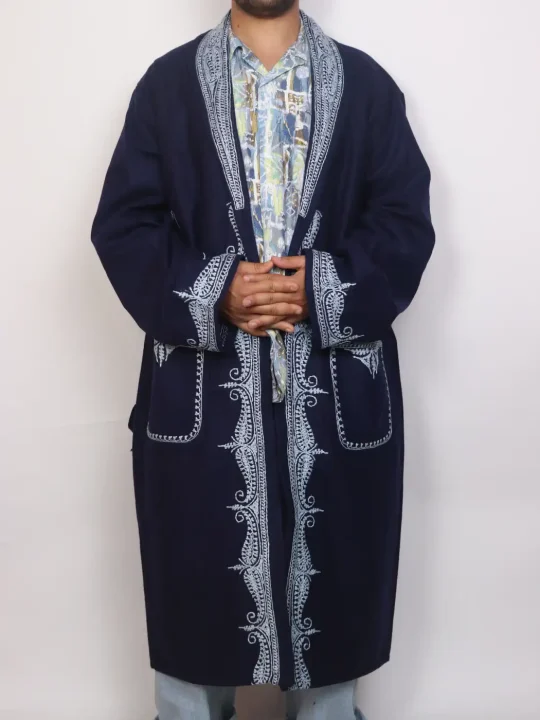 Kashmiri Navy Blue Woolen Gown for Men Shanakht with Aari Handwork Embroidery