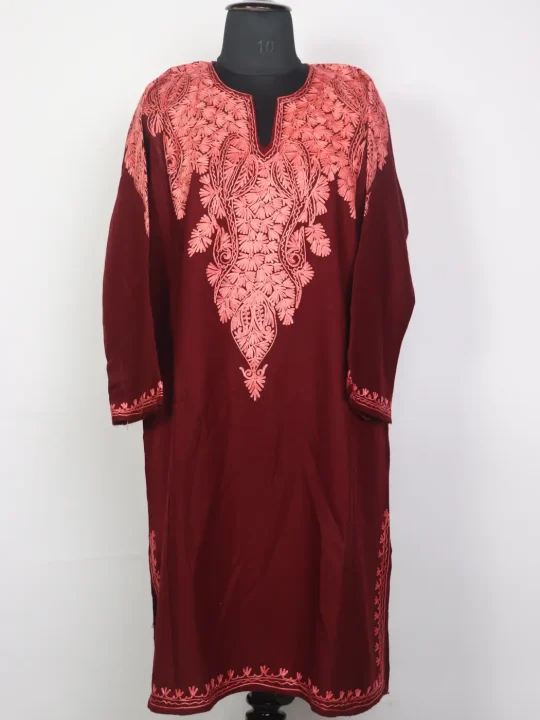 Kashmiri Cashmilon Pheran for Women with Front Back Aari Work | Gulposh Maroon