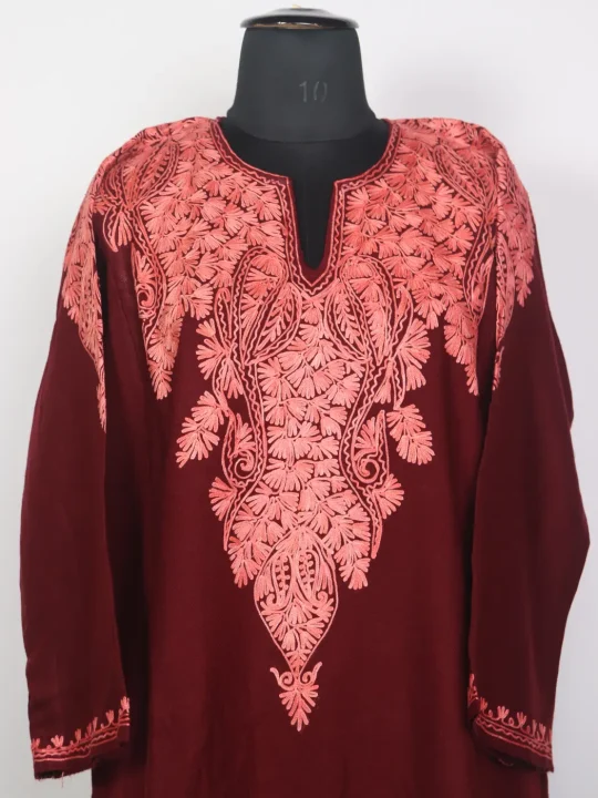 Kashmiri Cashmilon Pheran for Women with Front Back Aari Work | Gulposh Maroon - Image 2