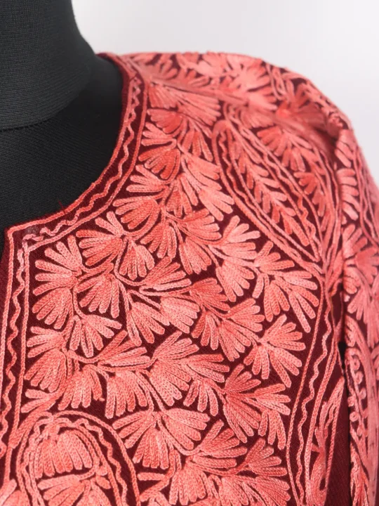 Kashmiri Cashmilon Pheran for Women with Front Back Aari Work | Gulposh Maroon - Image 4