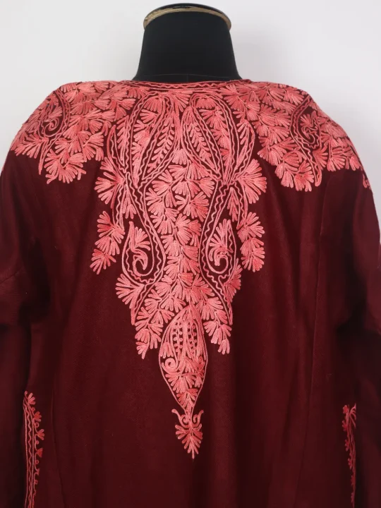 Kashmiri Cashmilon Pheran for Women with Front Back Aari Work | Gulposh Maroon - Image 3