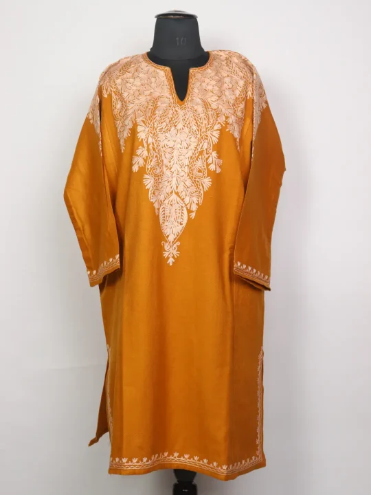 Mehreen Kashmiri Mustard Cashmilon Pheran for Women with Front Back Aari Work