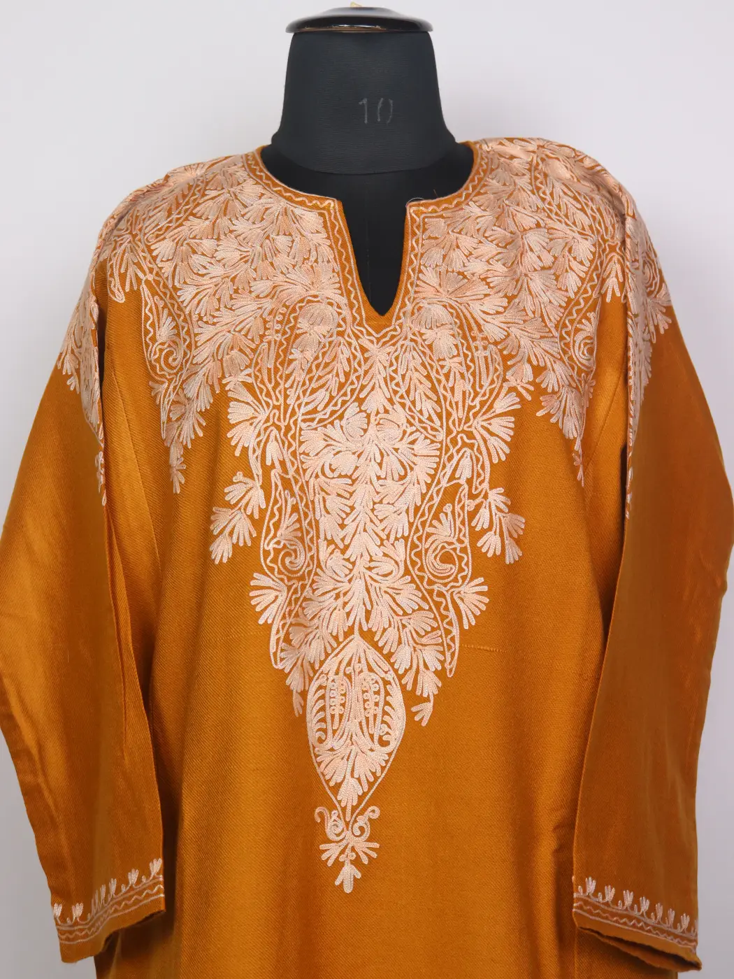 Mehreen Kashmiri Mustard Cashmilon Pheran for Women with Front Back Aari Work - Image 2