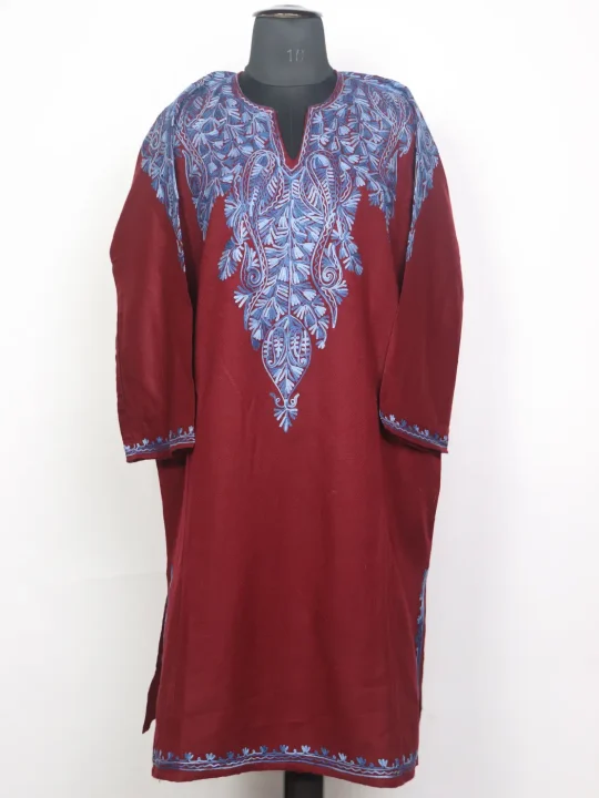 Kashmiri Gulshan Maroon Cashmilon Pheran for Women with Front Back Aari Work