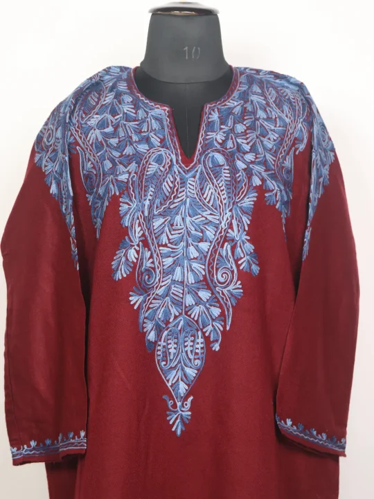 Kashmiri Gulshan Maroon Cashmilon Pheran for Women with Front Back Aari Work - Image 2