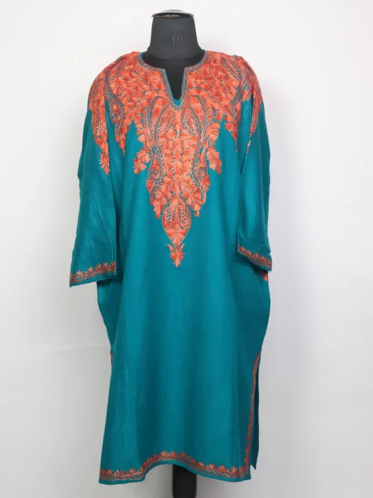 Kashmiri Oceanic Green Cashmilon Pheran for Women Aksa with Front Back Aari Work