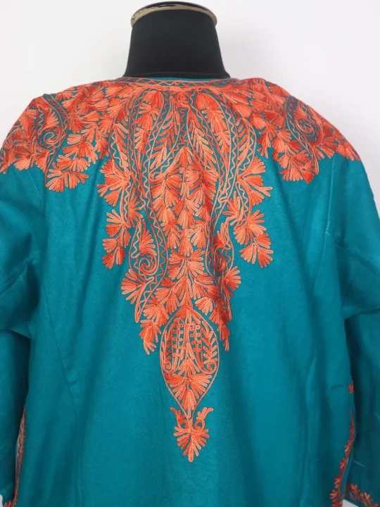 Kashmiri Oceanic Green Cashmilon Pheran for Women Aksa with Front Back Aari Work - Image 3