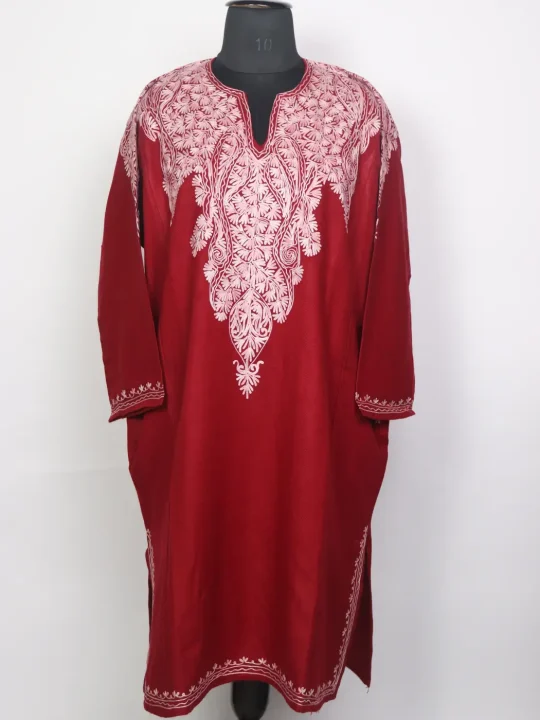 Nishat Kashmiri Cashmilon Pheran for Women Maroon with Front Back Aari Embroidery