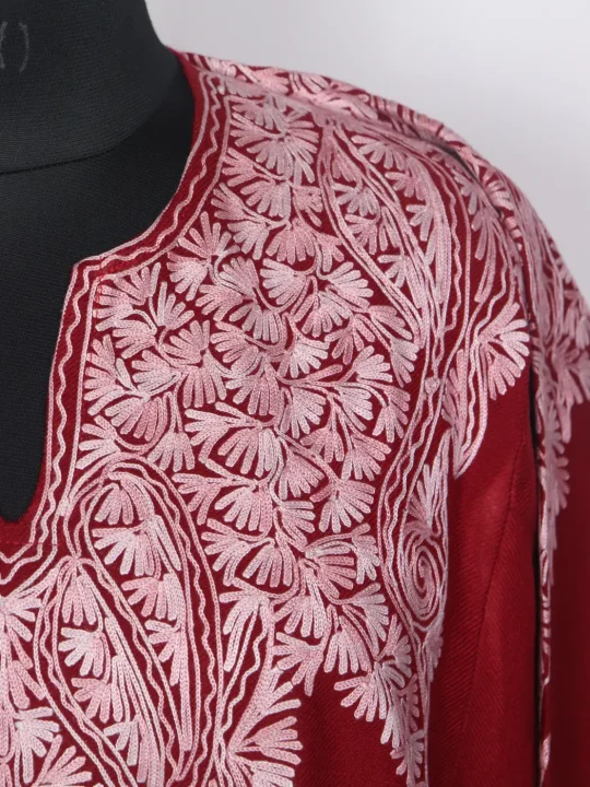 Nishat Kashmiri Cashmilon Pheran for Women Maroon with Front Back Aari Embroidery - Image 4