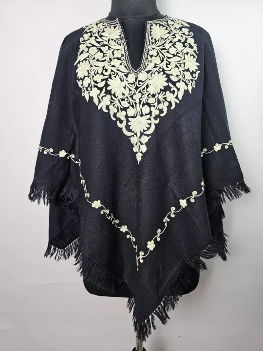 Dal-Lake Black Aari Work Kashmiri Cashmilon Wool Poncho for Women
