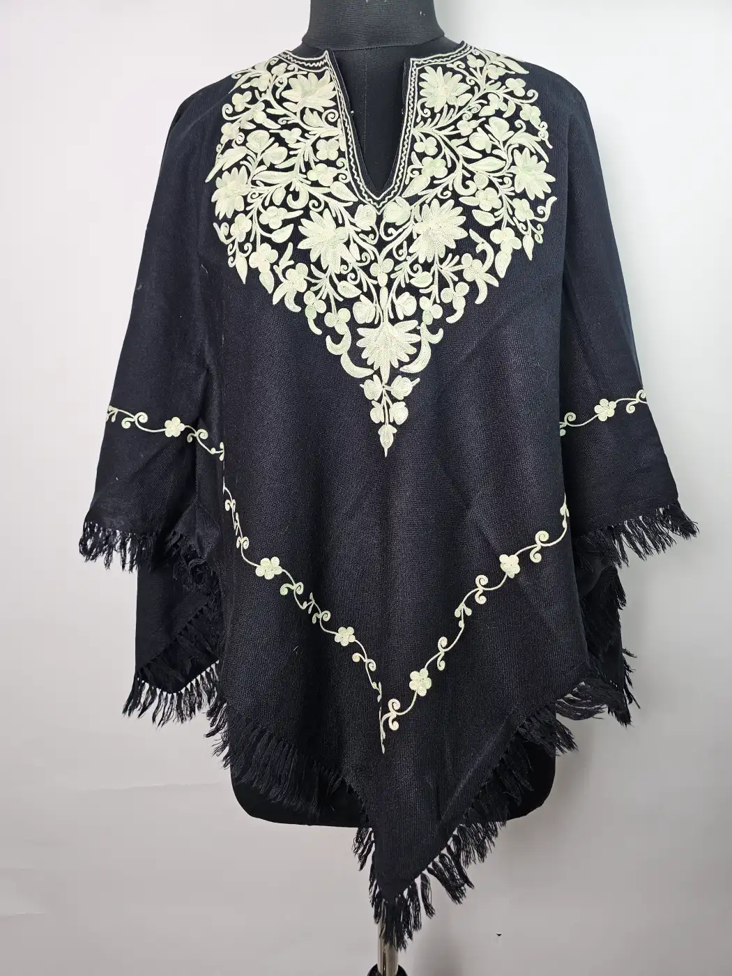 Dal-Lake Black Aari Work Kashmiri Cashmilon Wool Poncho for Women