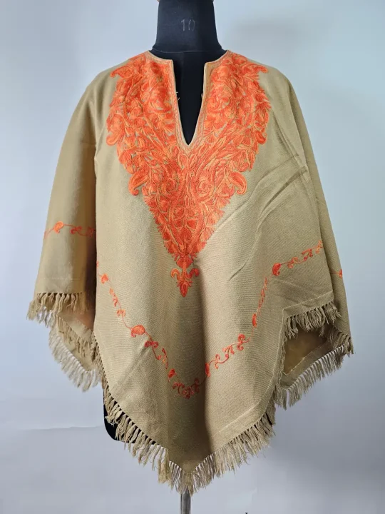 Kashmiri Beige Poncho Top for Women Haseen with Aari Embroidery