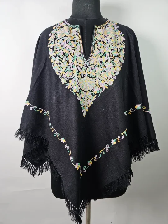 Riwaaj Black Kashmiri Poncho for Women with Aari Embroidery