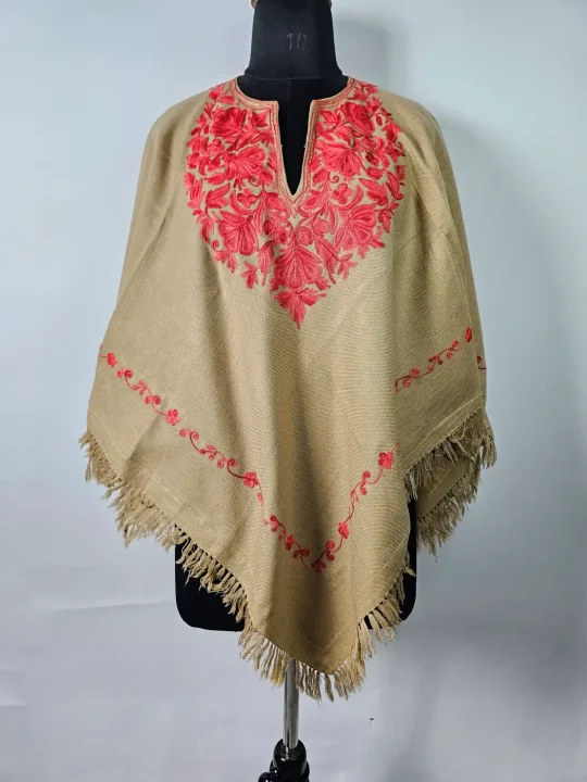 Beige Kashmiri Poncho for Women Sukoon with Aari Work