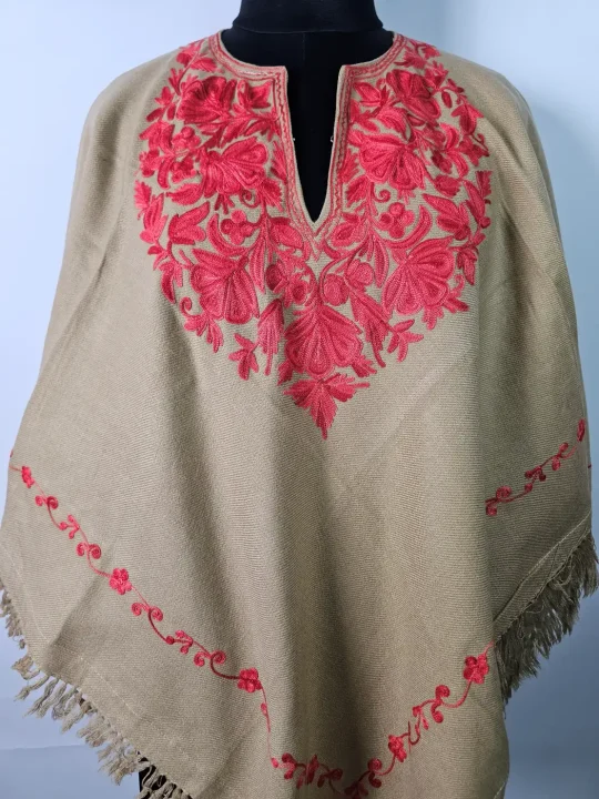 Beige Kashmiri Poncho for Women Sukoon with Aari Work - Image 2
