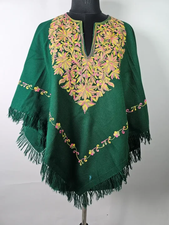 Pahalgam Green Kashmiri Poncho for Women with Aari Embroidery