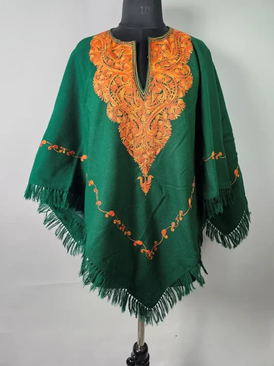 Green Kashmiri Poncho for Women Fitoor with Aari Embroidery