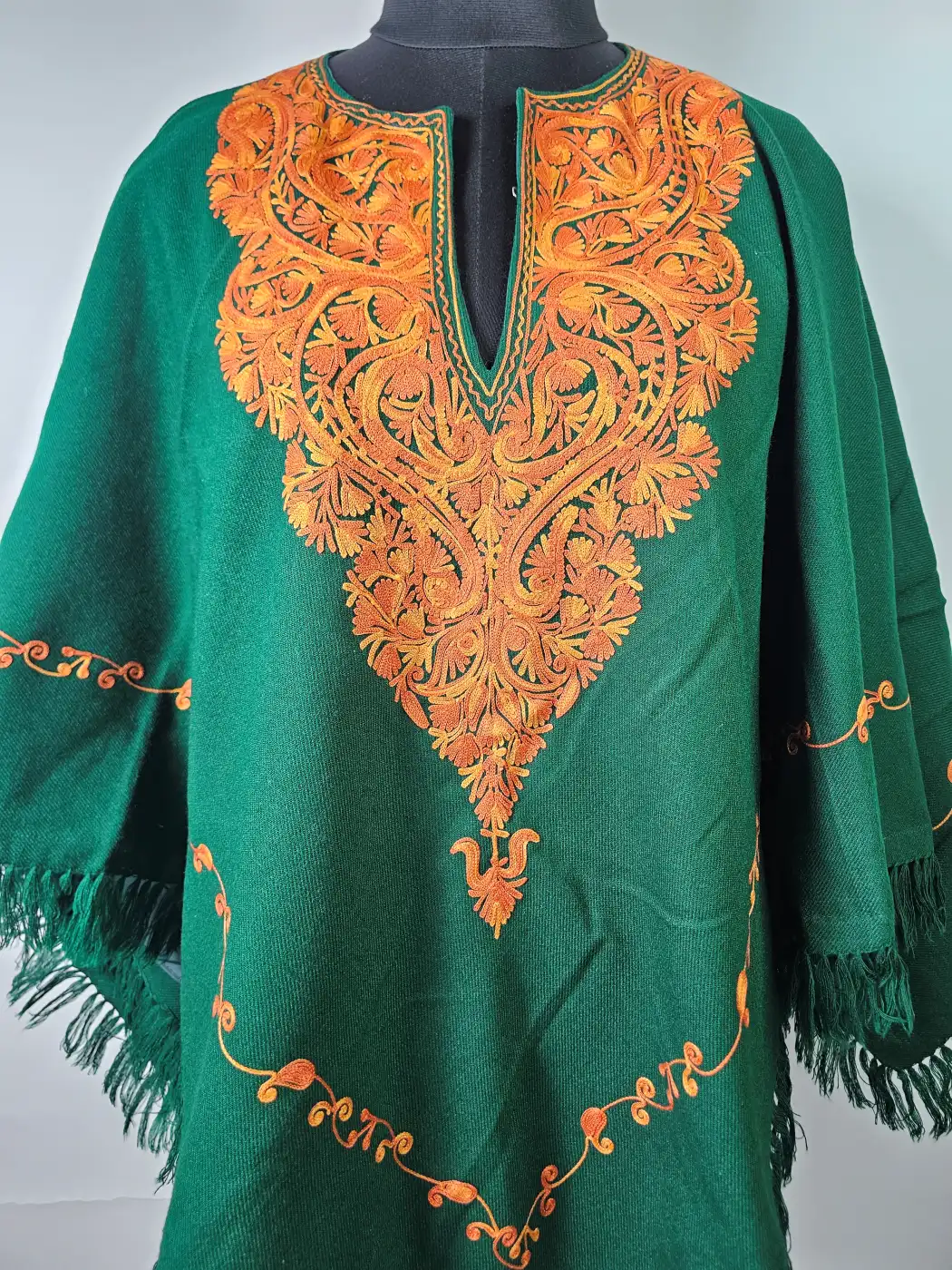 Green Kashmiri Poncho for Women Fitoor with Aari Embroidery - Image 2