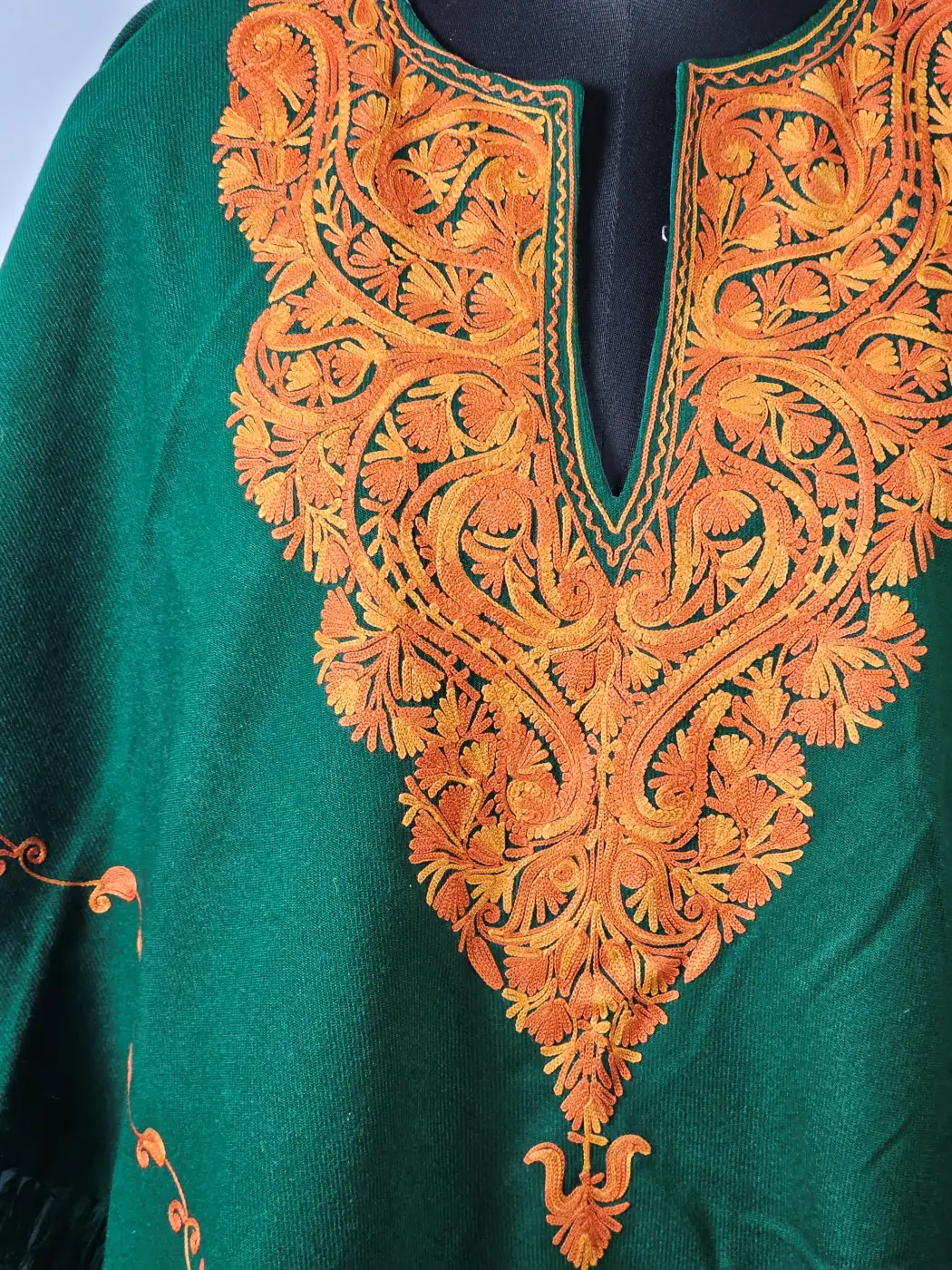 Green Kashmiri Poncho for Women Fitoor with Aari Embroidery - Image 3