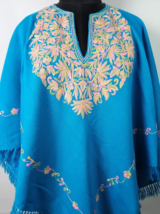 Kashmiri Lalchowk Blue Poncho for Women with Aari Embroidery - Image 2