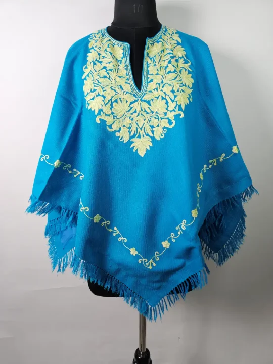 Kashmiri Srinager Zeba Blue Aari Poncho for Women