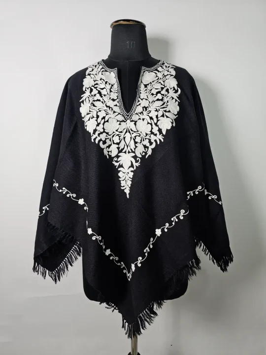 Wazwaan Black Kashmiri Poncho for Women with Aari Work