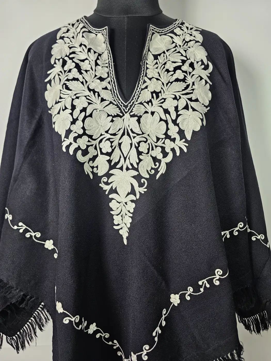 Wazwaan Black Kashmiri Poncho for Women with Aari Work - Image 2