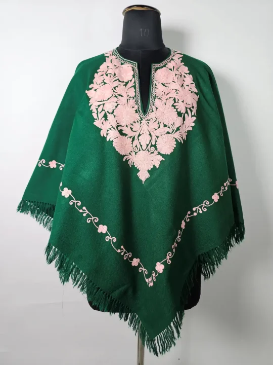 Kashmiri Green Rang Poncho  for Women with Aari Embroidery
