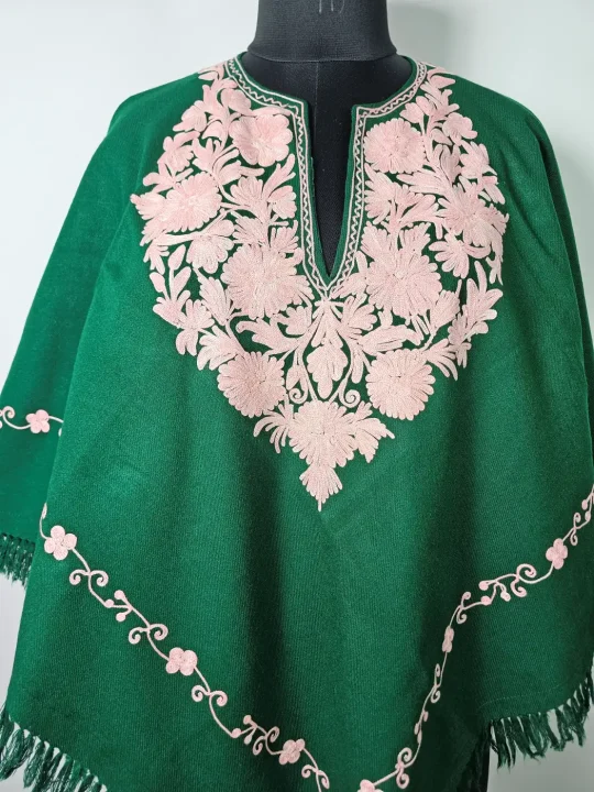 Kashmiri Green Rang Poncho for Women with Aari Embroidery - Image 2