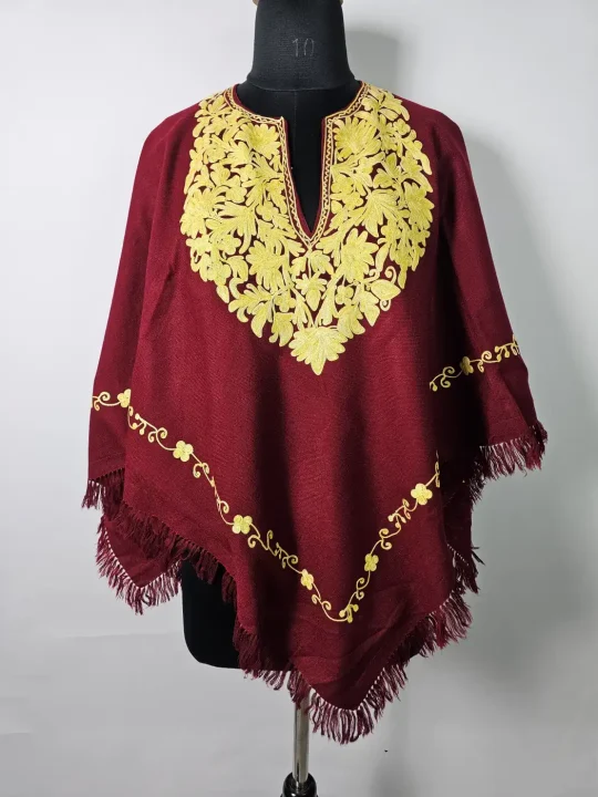 Maroon Kashmiri Poncho for Women with Aari Work Noori