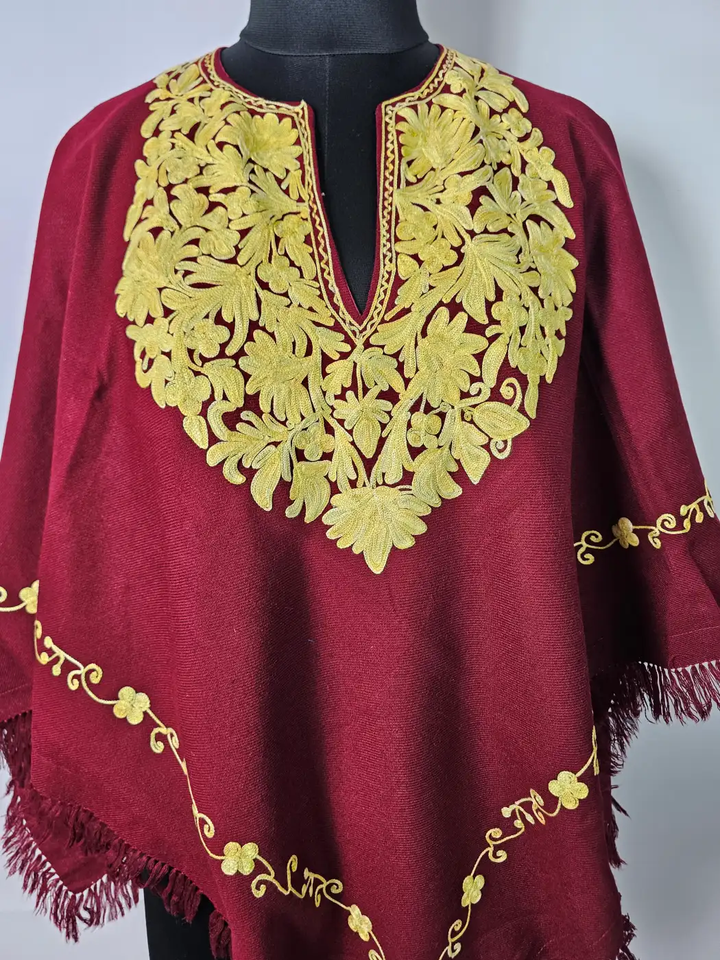 Maroon Kashmiri Poncho for Women with Aari Work Noori - Image 2