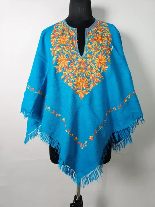 Meherab Blue Kashmiri Poncho for Women with Aari Work
