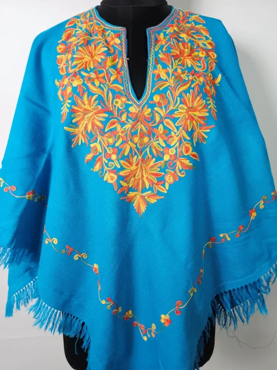 Meherab Blue Kashmiri Poncho for Women with Aari Work - Image 2