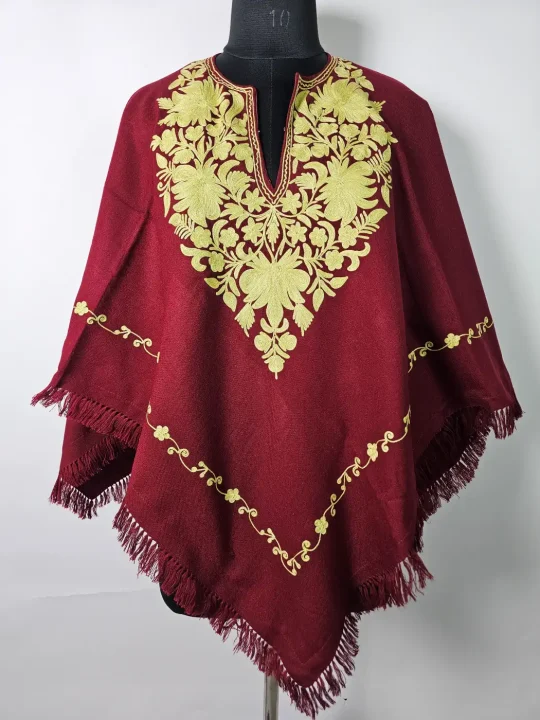 Kashmiri Nazakat Maroon Poncho for Women with Aari Work