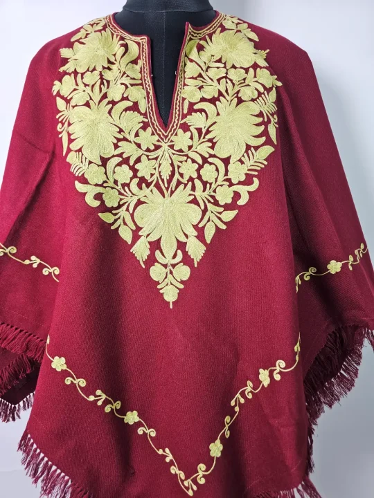 Kashmiri Nazakat Maroon Poncho for Women with Aari Work - Image 2